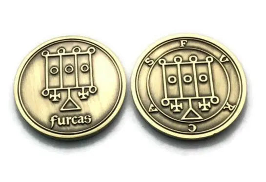Furcas Demon Sigil talisman coin in a black velvet King Solomon Coin pouch