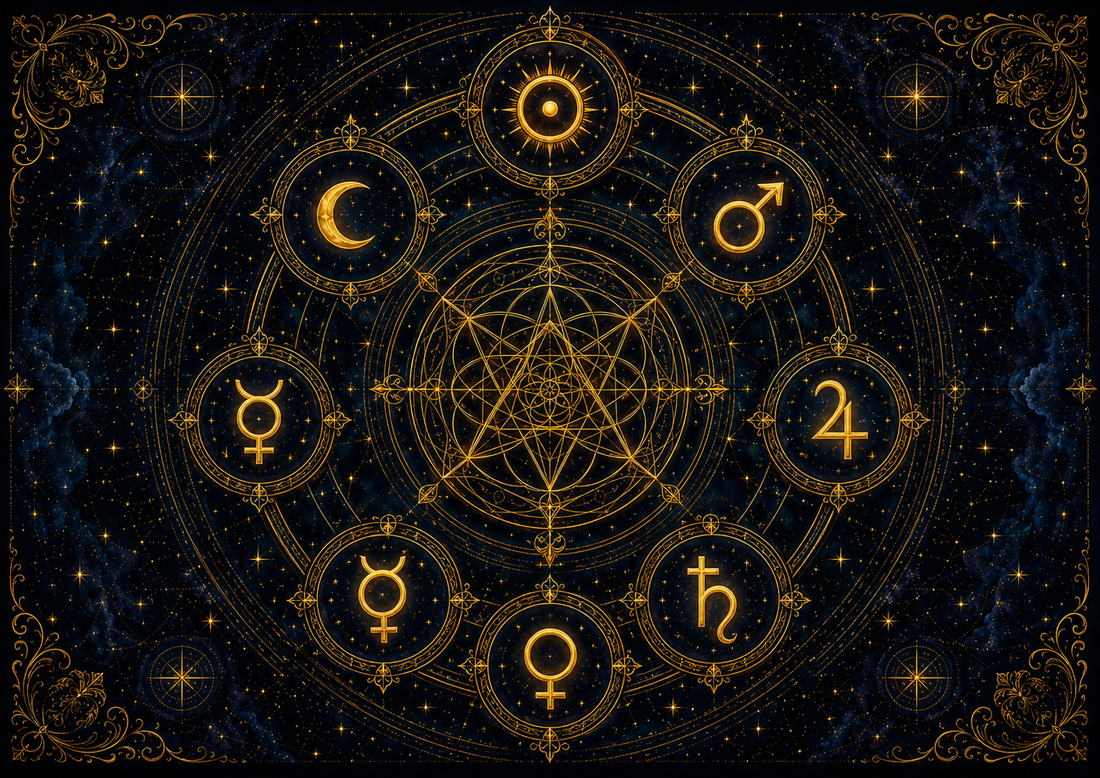Seven classical planetary symbols arranged in sacred geometry for the 44 Seals of King Solomon