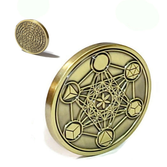 Metatron's Cube sacred geometry talisman coin engraved with the Seal of Solomon and 72 Names of God