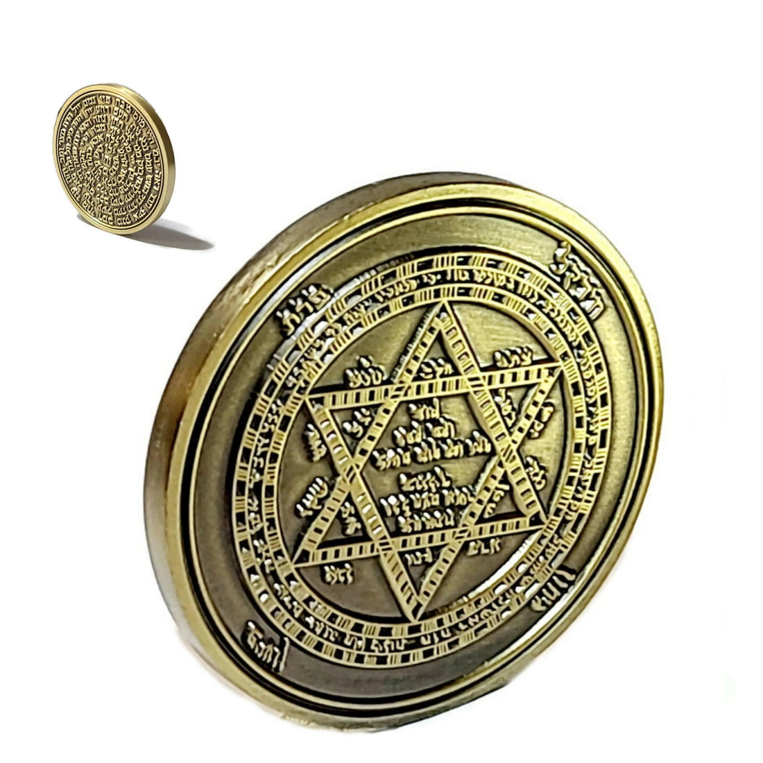 Sefer Raziel HaMalach talisman coin engraved with the seal of the Angel Raziel and 72 Names of God