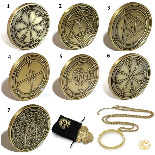 7 Pentacles of Mars coin set, hand-engraved solid brass Solomonic seals for strength and protection