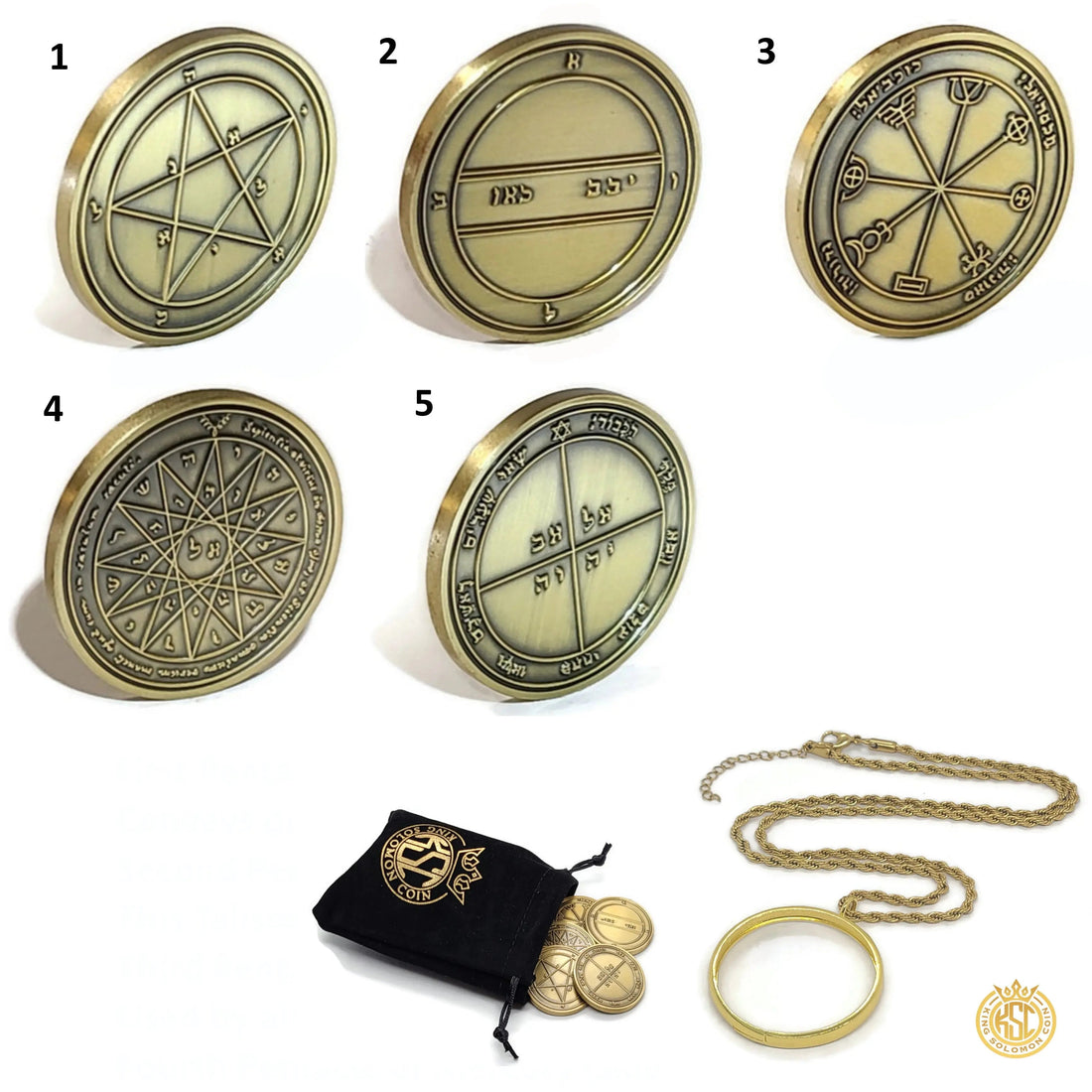 5 Pentacles of Mercury coin set, hand-engraved solid brass Solomonic seals for communication and knowledge