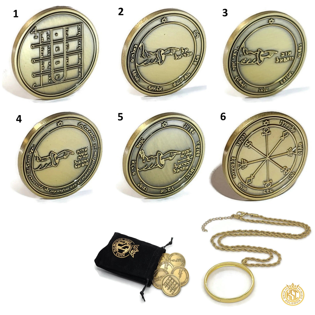 6 Pentacles of the Moon coin set, hand-engraved solid brass Solomonic lunar seals