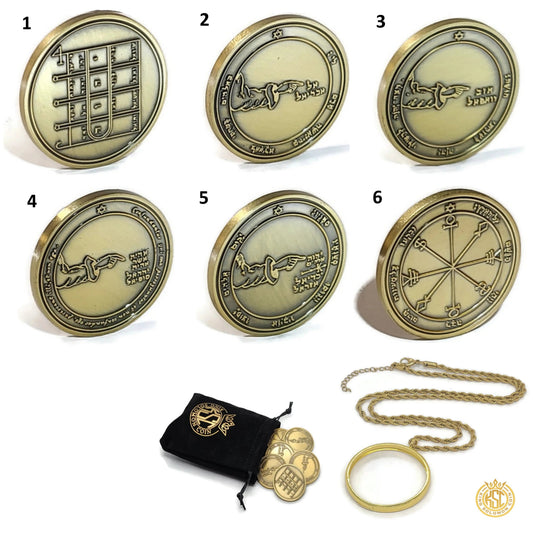 6 Pentacles of the Moon coin set, hand-engraved solid brass Solomonic lunar seals