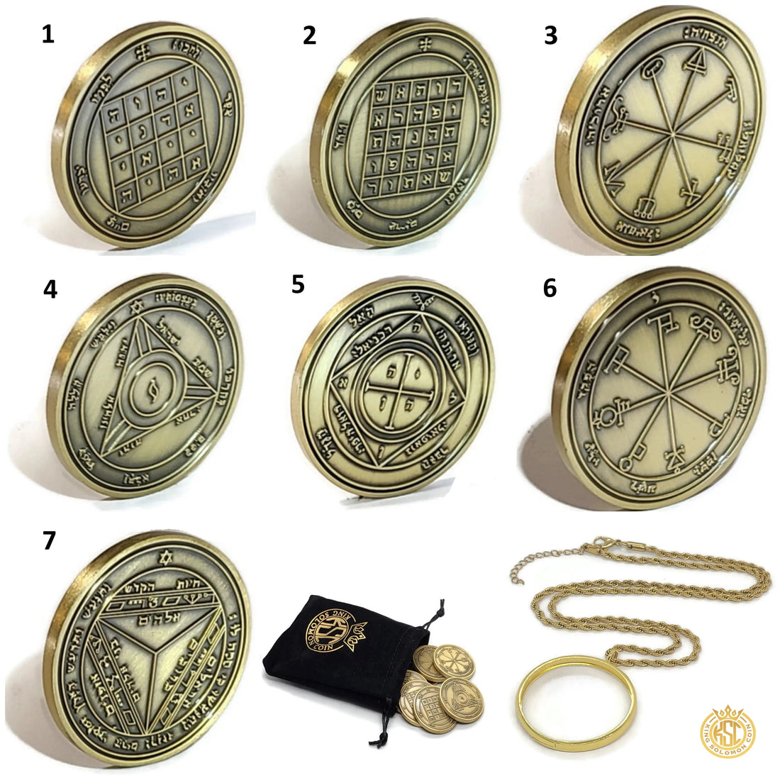 7 Pentacles of Saturn coin set, hand-engraved solid brass Solomonic protection seals