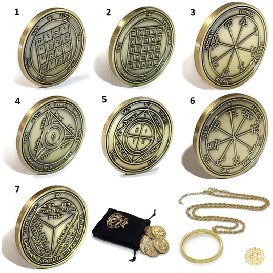 7 Pentacles of Saturn coin set, hand-engraved solid brass Solomonic protection seals