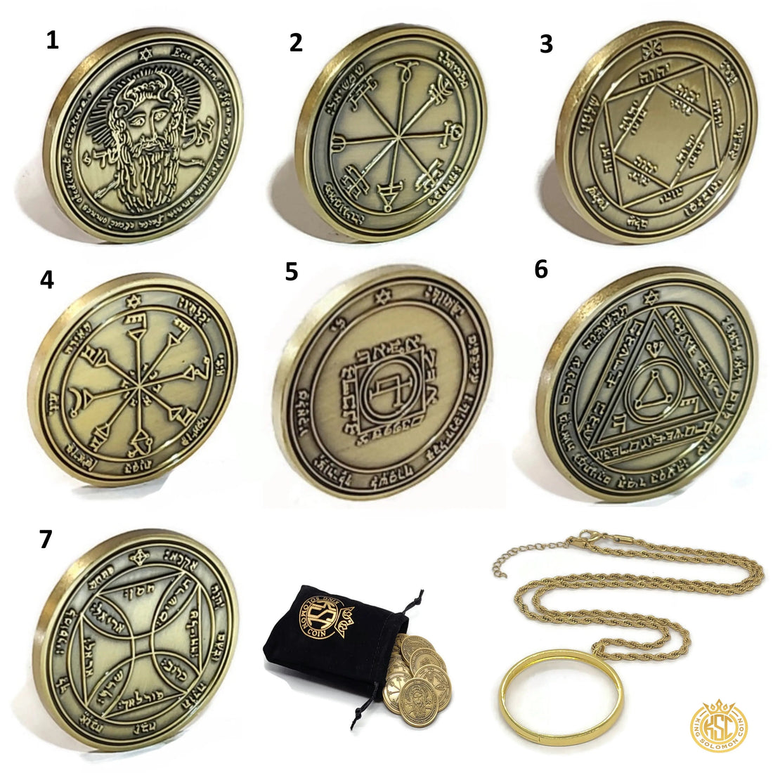 7 Pentacles of the Sun coin set, hand-engraved solid brass Solomonic solar seals