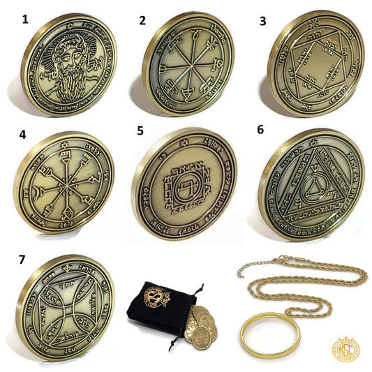 7 Pentacles of the Sun coin set, hand-engraved solid brass Solomonic solar seals
