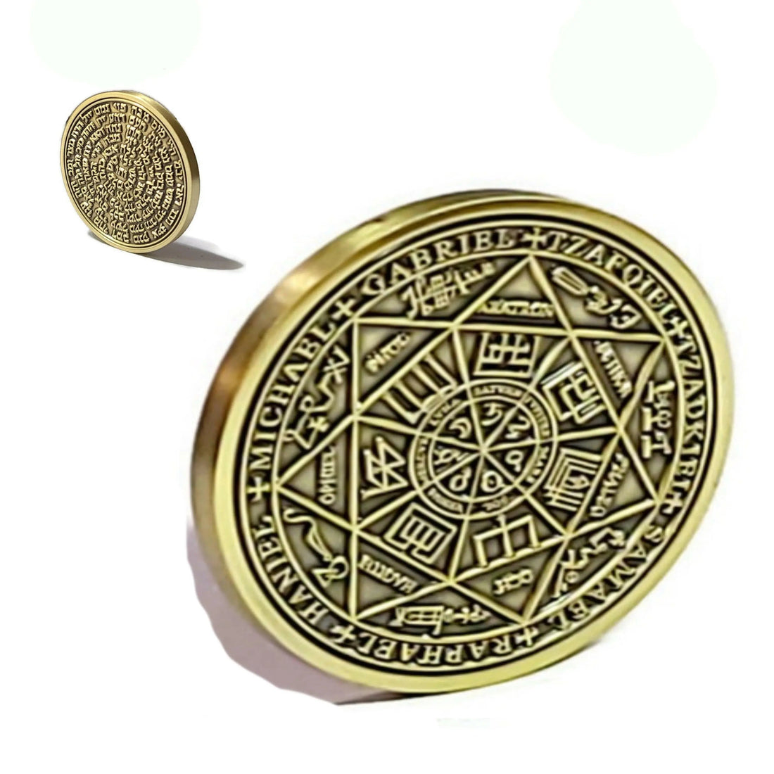 Seal of the Seven Archangels talisman coin engraved with Kabbalistic symbols and 72 Names of God