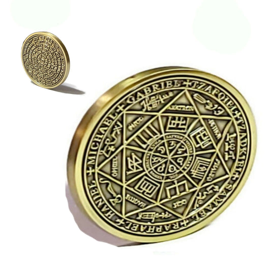 Seal of the Seven Archangels talisman coin engraved with Kabbalistic symbols and 72 Names of God