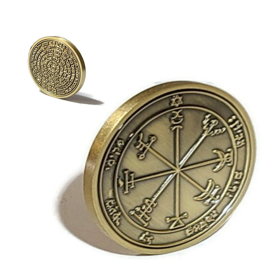 Seventh Pentacle of Jupiter Coin - Solomonic Jupiter Seal, 72 Names of God in Solid Brass