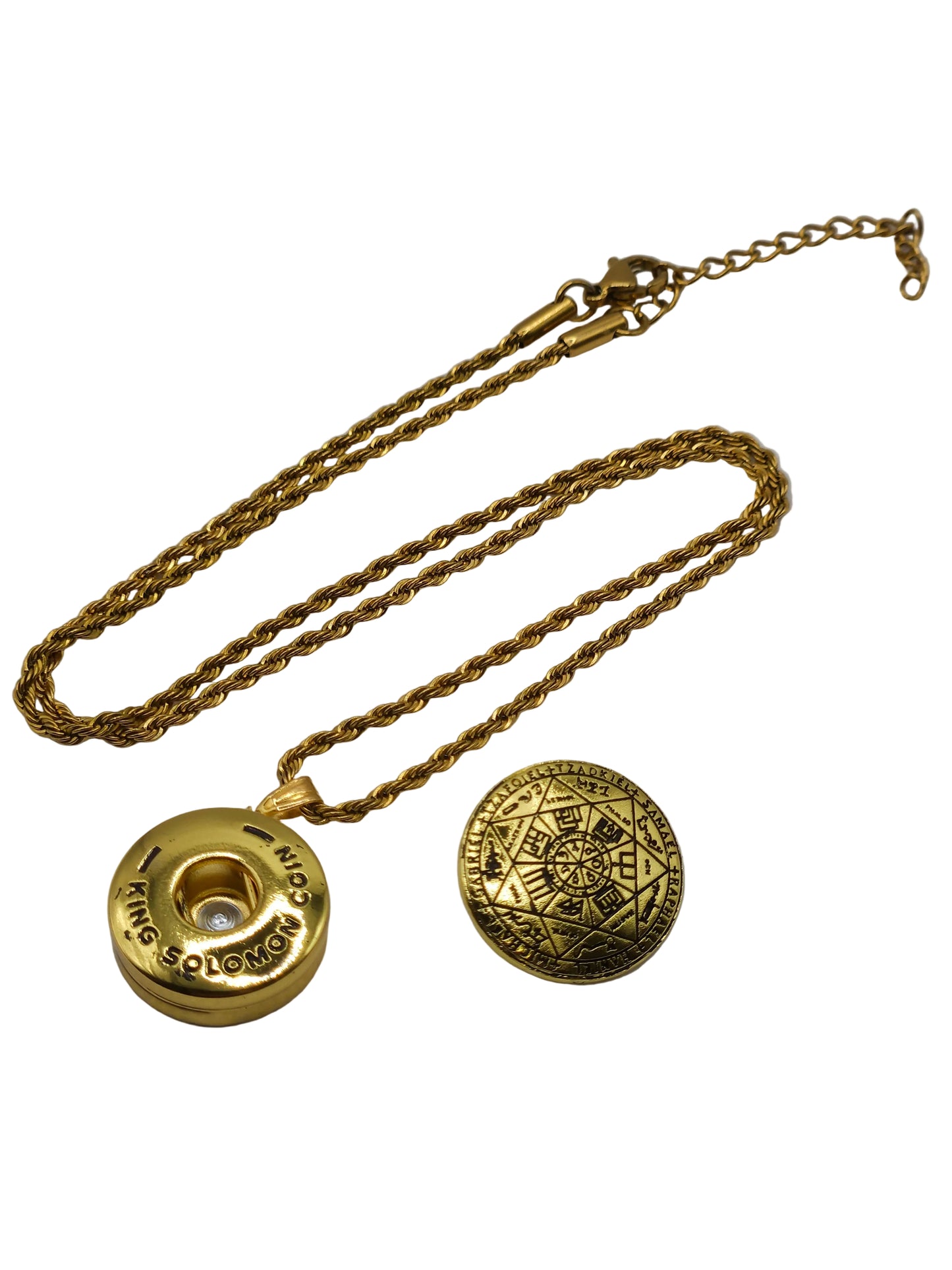 Gold necklace with two round pendants on a white background